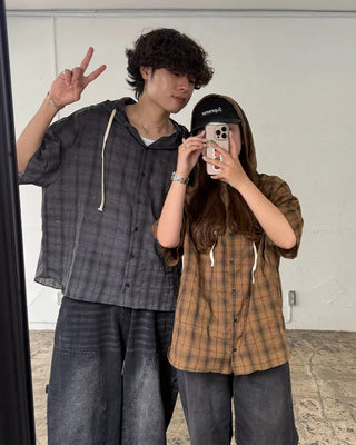 (Unisex) Check Hooded Short-Sleeve Shirt