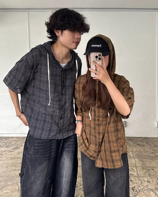 (Unisex) Check Hooded Short-Sleeve Shirt