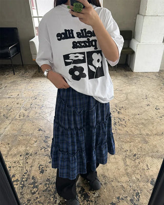 Checked frill long skirt