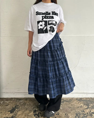 Checked frill long skirt