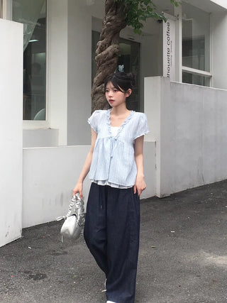 String Wide Summer Low Denim Pants
