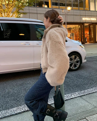 High-neck cropped fur jacket