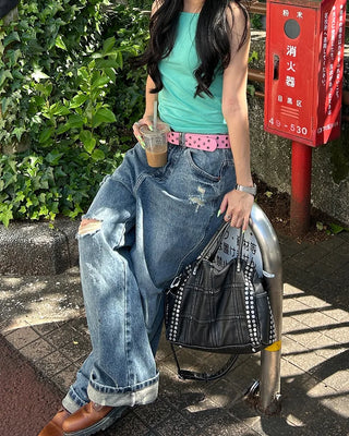 (Unisex) Unique Distressed Wide Straight Jeans