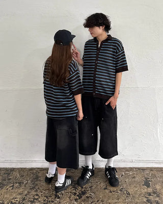 (Unisex) Striped Short-Sleeve Cardigan
