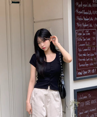 Slim ribbed short-sleeved cardigan (4 colors)