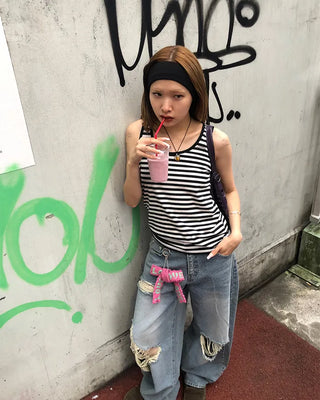 Three Vintage Distressed Wide Denim Pants