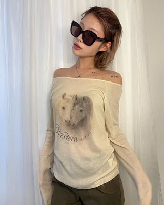 Double Horse Raglan Shoulder Long T-Shirt