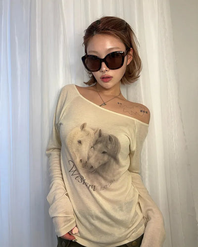 Double Horse Raglan Shoulder Long T-Shirt
