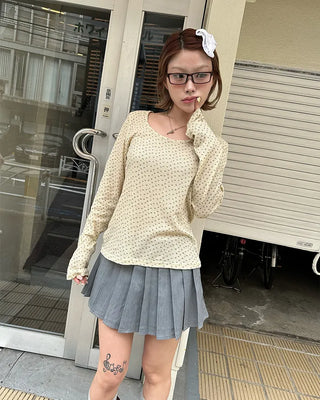 2-way neck floral rib long T-shirt