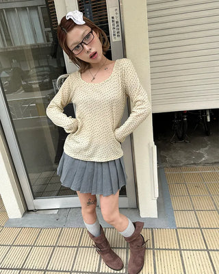 2-way neck floral rib long T-shirt