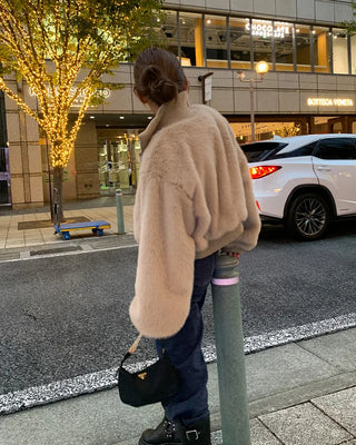 High-neck cropped fur jacket