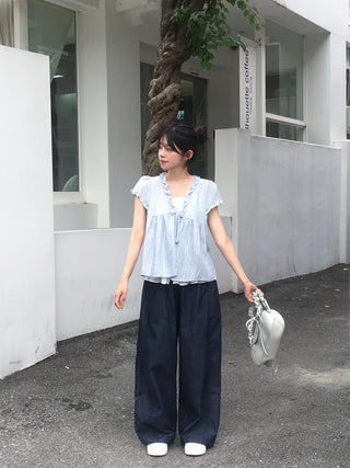 String Wide Summer Low Denim Pants