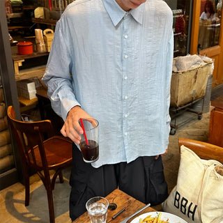 Linen-like shirred long-sleeved shirt