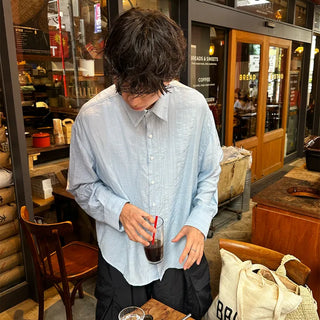 Linen-like shirred long-sleeved shirt
