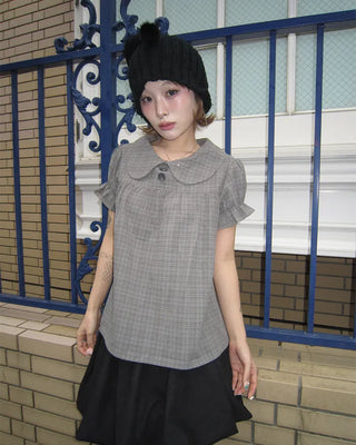 Button-up bust gathered yoke puff blouse