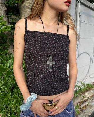 Flower Square Neck Ribbed Camisole