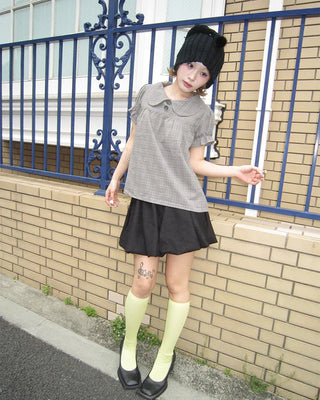 Button-up bust gathered yoke puff blouse