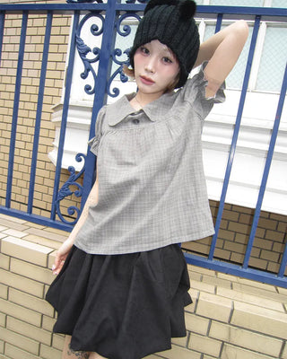 Button-up bust gathered yoke puff blouse