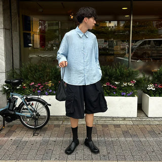 Linen-like shirred long-sleeved shirt