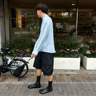 Linen-like shirred long-sleeved shirt