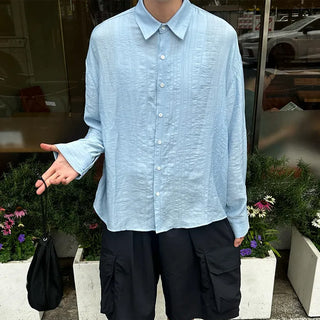Linen-like shirred long-sleeved shirt