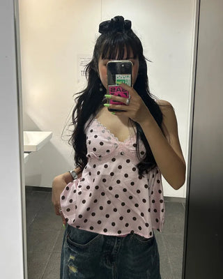 Dot bust cross lace camisole blouse