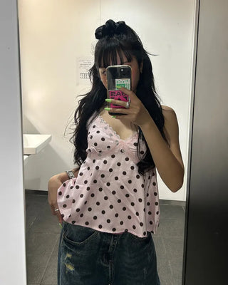 Dot bust cross lace camisole blouse