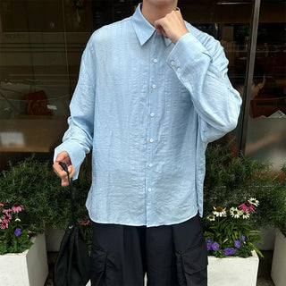 Linen-like shirred long-sleeved shirt