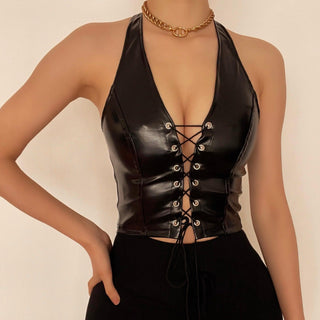 Lace up front halter backless PU top - Halibuy