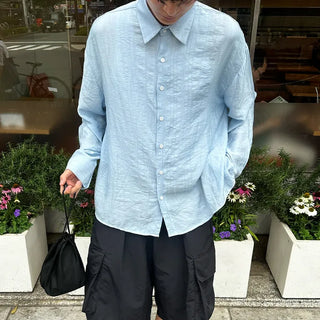 Linen-like shirred long-sleeved shirt