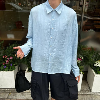 Linen-like shirred long-sleeved shirt