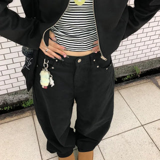 Pointed wide black denim pants