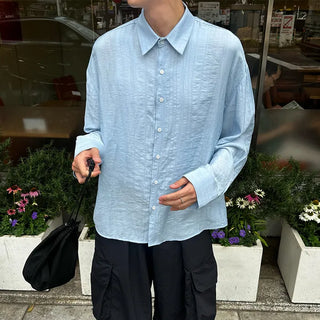 Linen-like shirred long-sleeved shirt