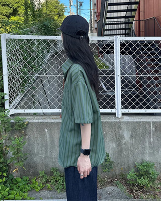 (Unisex) Striped Wide Hood Short Sleeve Shirt