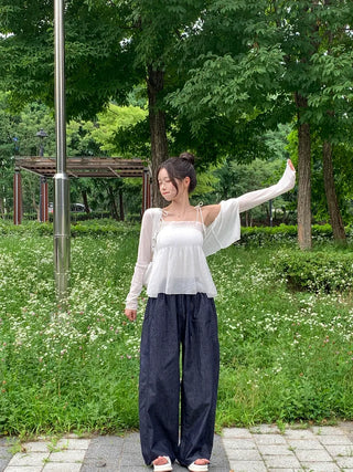 String Wide Summer Low Denim Pants