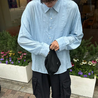 Linen-like shirred long-sleeved shirt