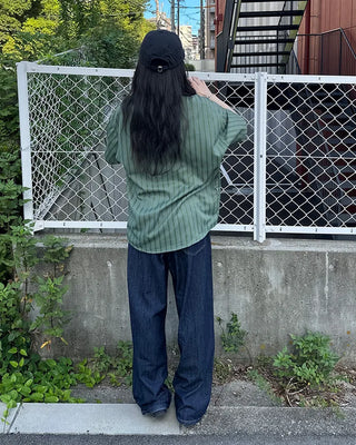 (Unisex) Striped Wide Hood Short Sleeve Shirt