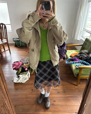 Checked scalloped hem chiffon skirt