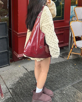 Leather leopard reversible eyelet one-shoulder bag