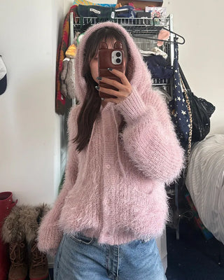 Hairy Knit Drop Shoulder Hoodie