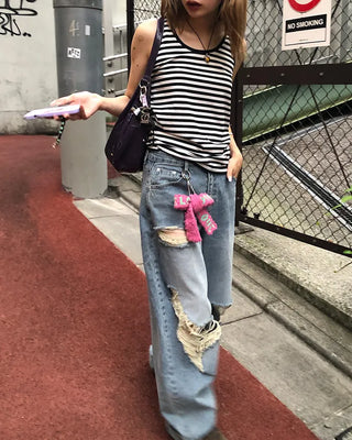 Three Vintage Distressed Wide Denim Pants