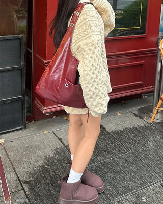Leather leopard reversible eyelet one-shoulder bag