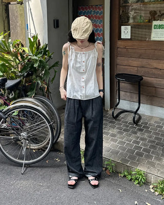 Striped button shirred camisole