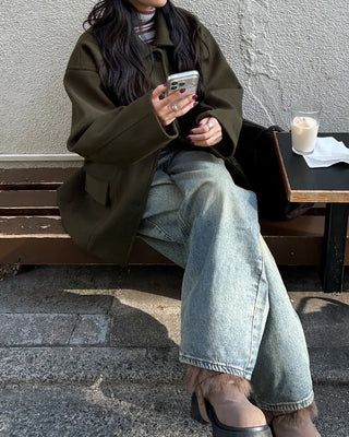 High-neck striped slim rib brushed long T-shirt