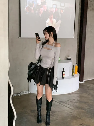 [4 colors] X-slit ribbon cropped T-shirt