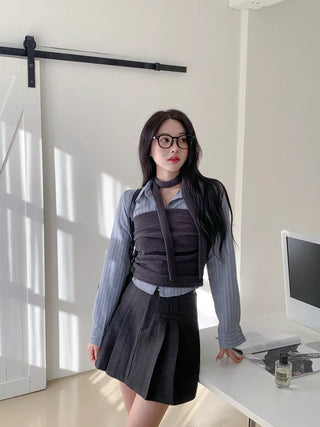 [2pcs] Knit Top and Tie Set