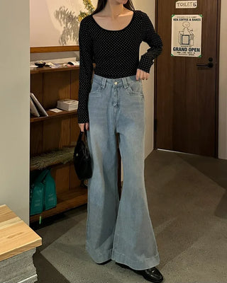 Polka Dot U-Neck Long-Sleeve T-Shirt