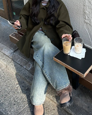 High-neck striped slim rib brushed long T-shirt
