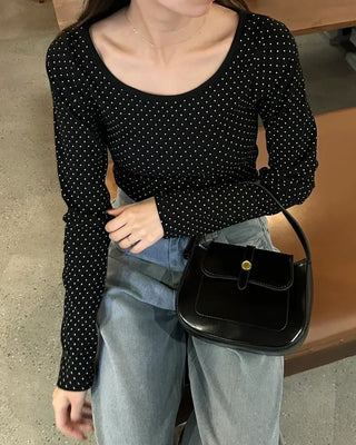 Polka Dot U-Neck Long-Sleeve T-Shirt