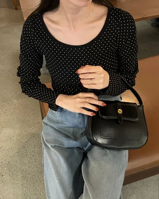 Polka Dot U-Neck Long-Sleeve T-Shirt